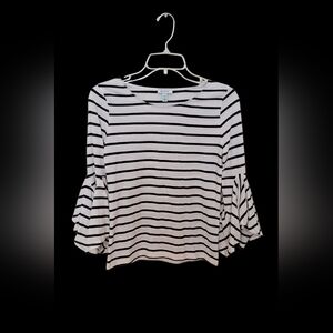 Susina Ruffle Bell Sleeve Top Boatneck Black White Stripes Cotton Boho Petite XS